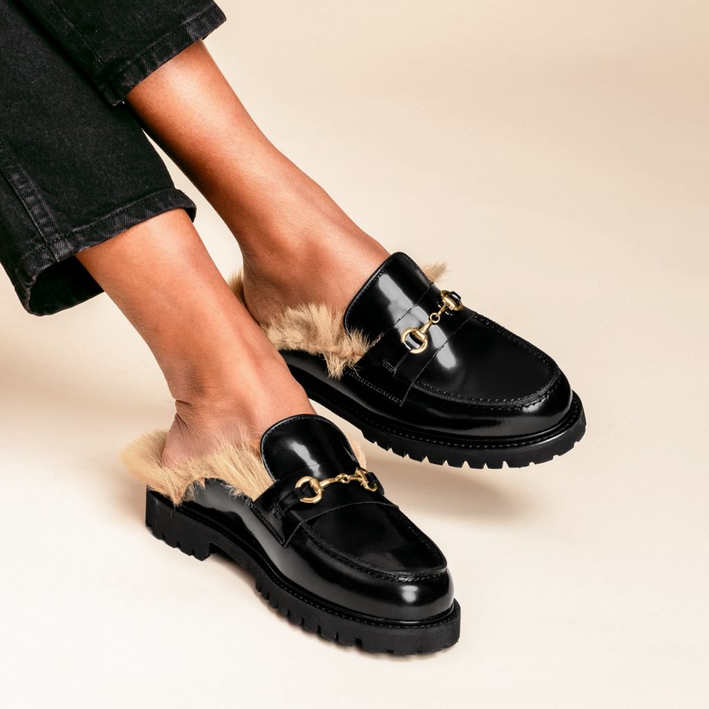 Penny Mule | Black & Beige Shearling - Image 6